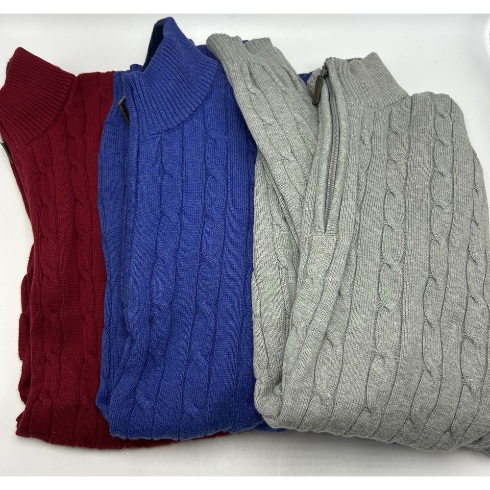 Quarter Zip Sweater Lot of 3 Mens Large Cotton Cable Knit Blue Red Gray Preppy